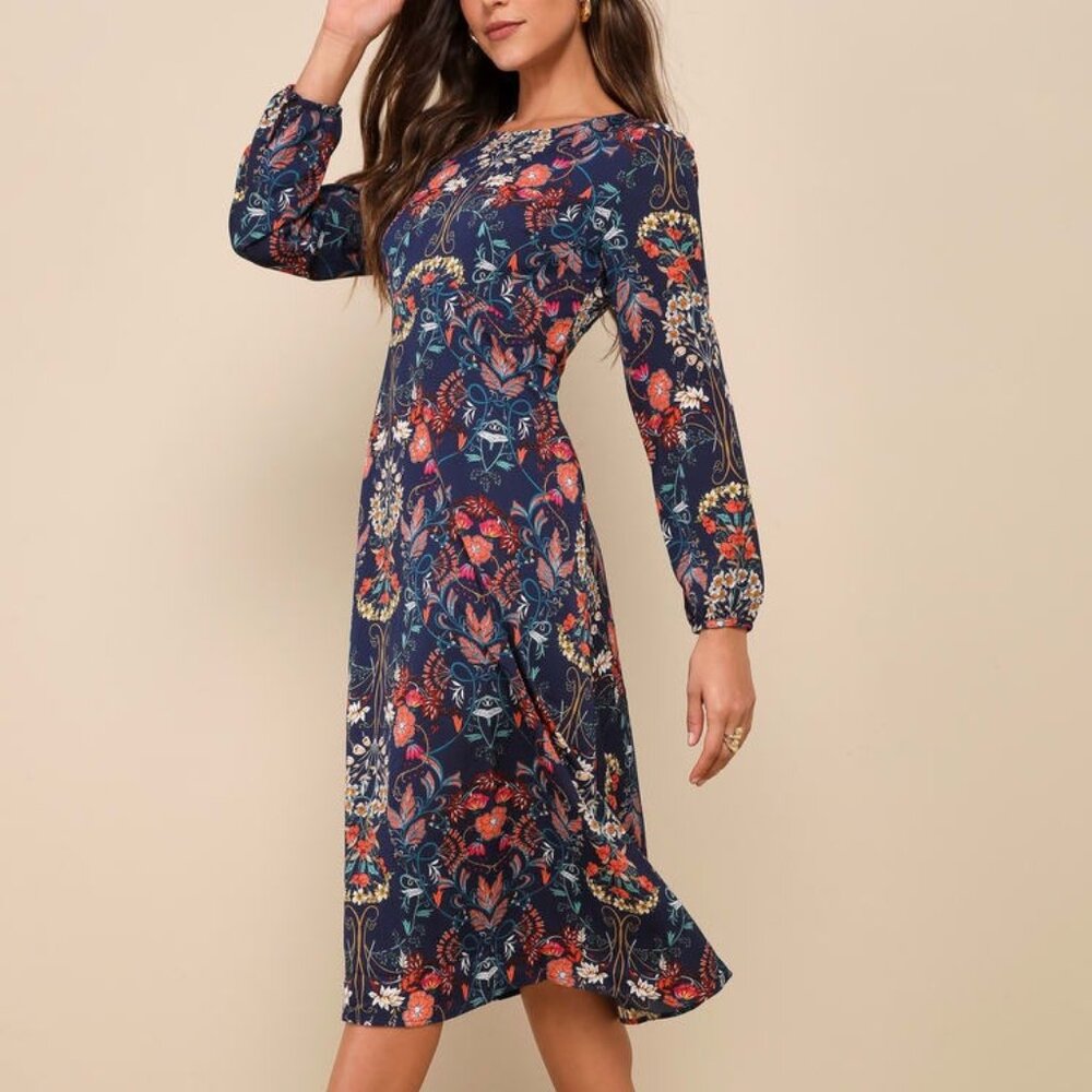 I. Madeline Garden Splendor Navy Blue Long Sleeve Dress‎ Floral Print Size XS
